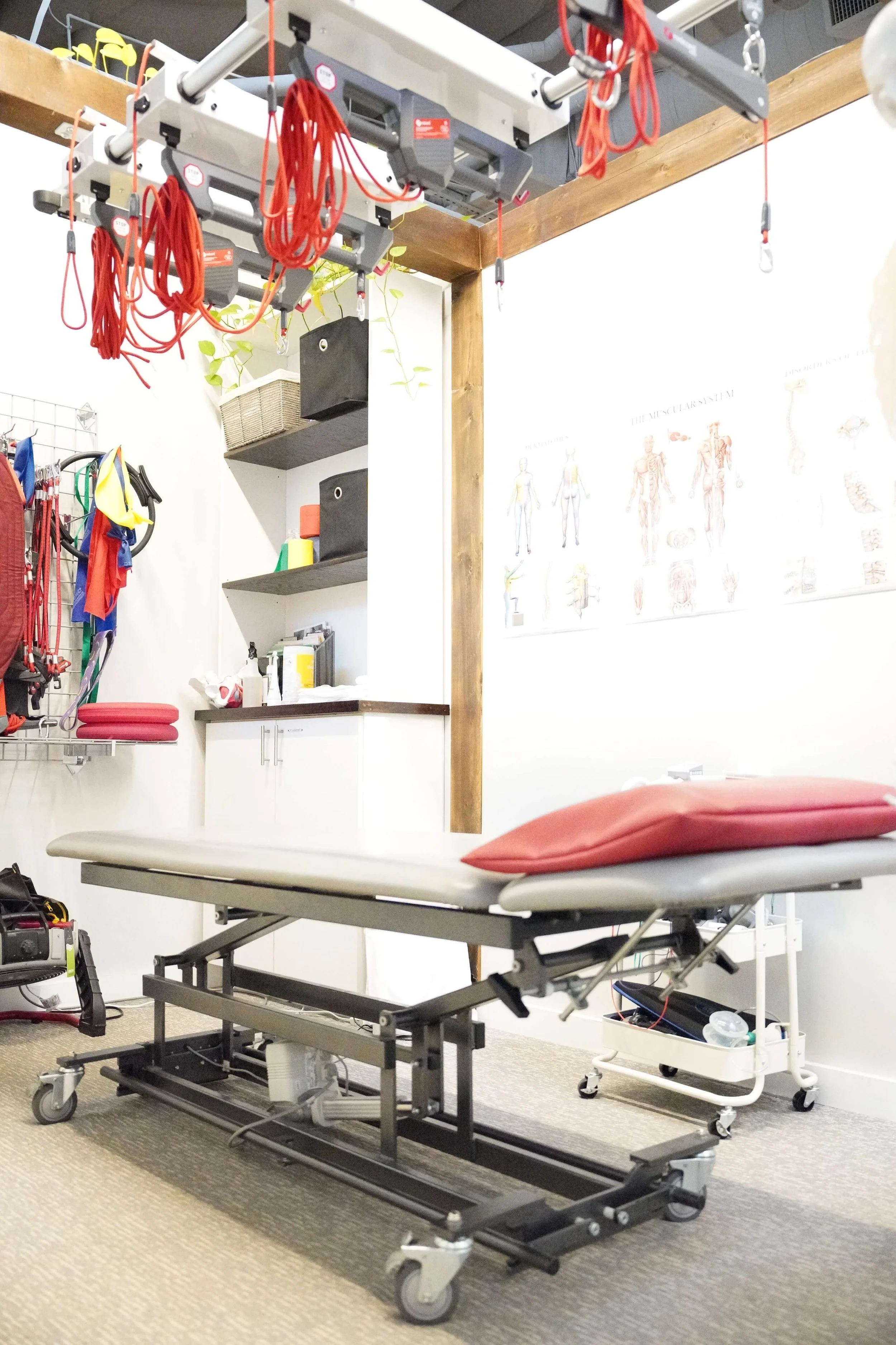 Medical examination or treatment room with an adjustable examination table with a pink pillow, medical equipment and supplies, wall chart, and hanging red cords with hooks.