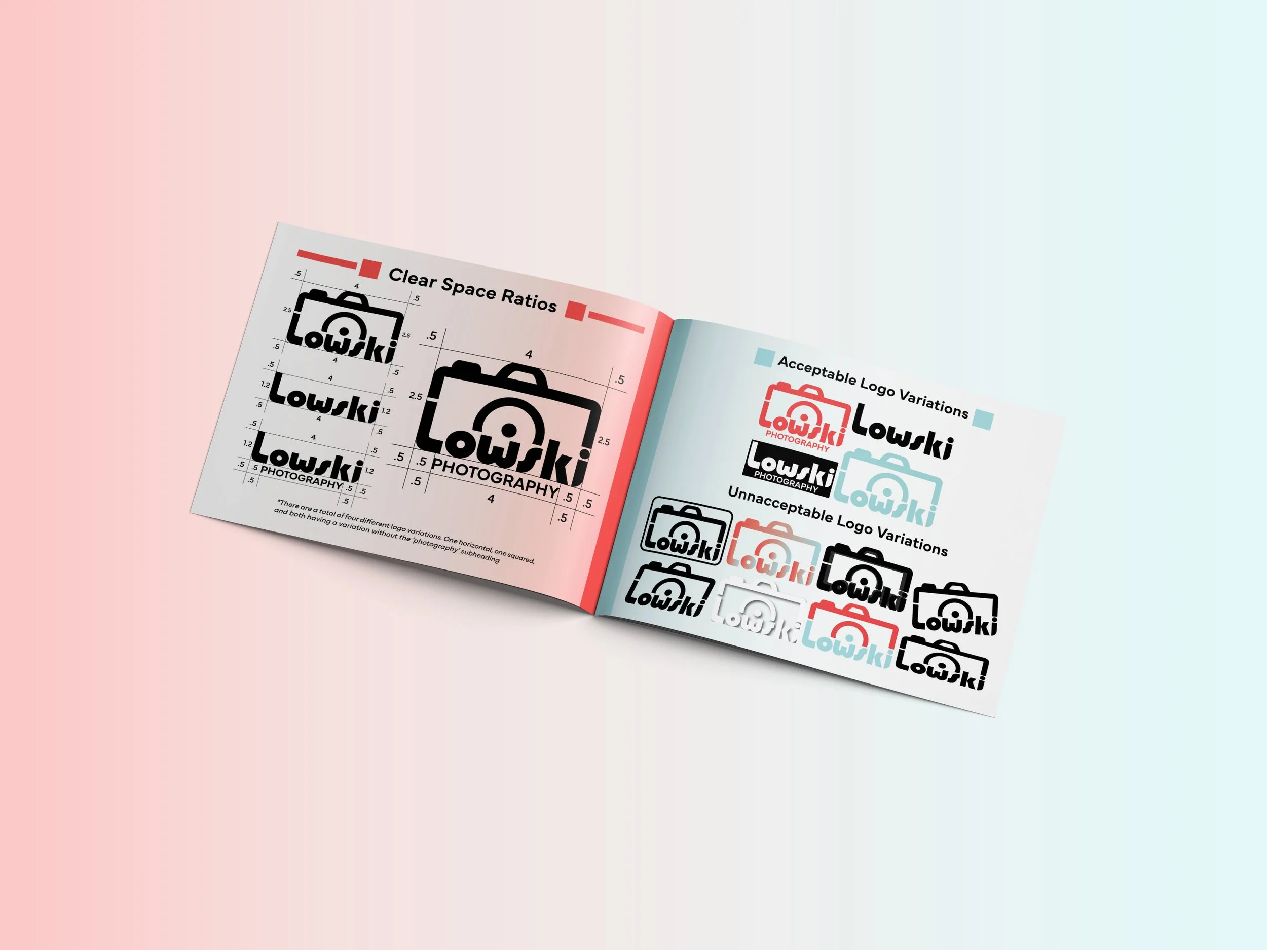 Open branding guide showing logo variations for 'Lowski Photography'; includes acceptable and unacceptable logo styles with color and size examples.