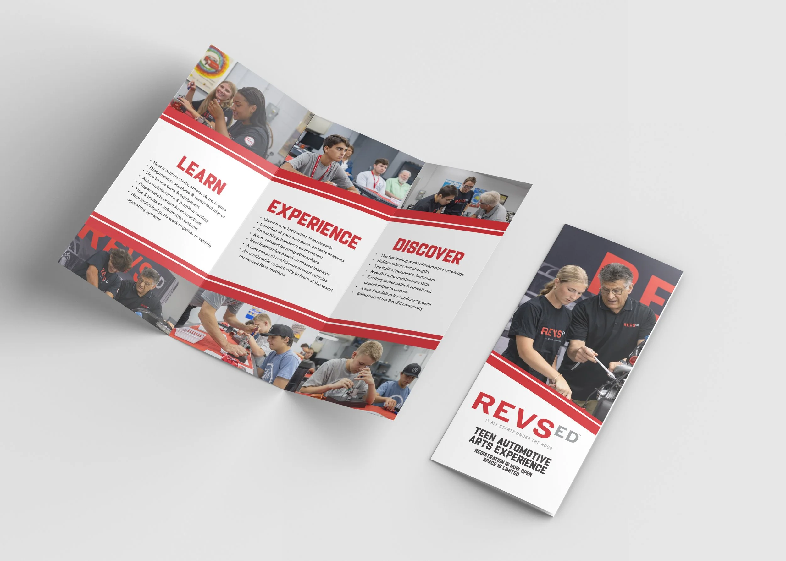 Tri-fold brochure for Revs Ed Teen Automotive Arts Experience featuring images of teenagers and instructors working on automotive projects, with headings 'Learn,' 'Experience,' and 'Discover', and text about automotive learning programs.