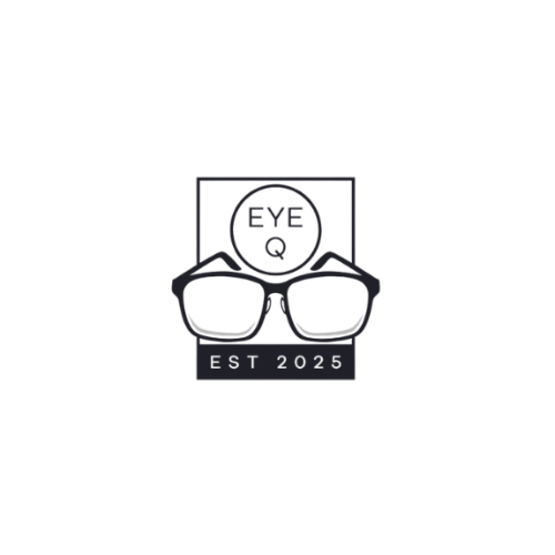 Logo with eyeglasses and the text "EYE Q" inside a circle, with "EST 2025" underneath.