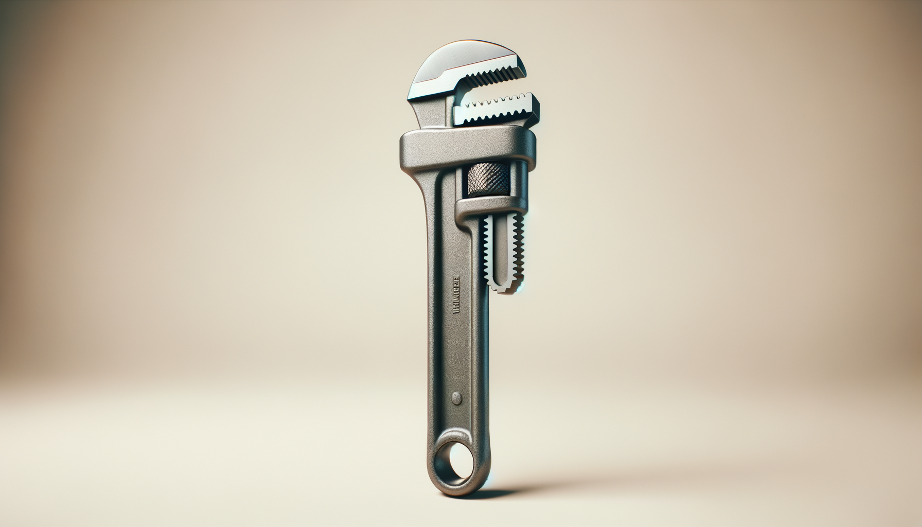 An adjustable wrench standing upright against a plain background.