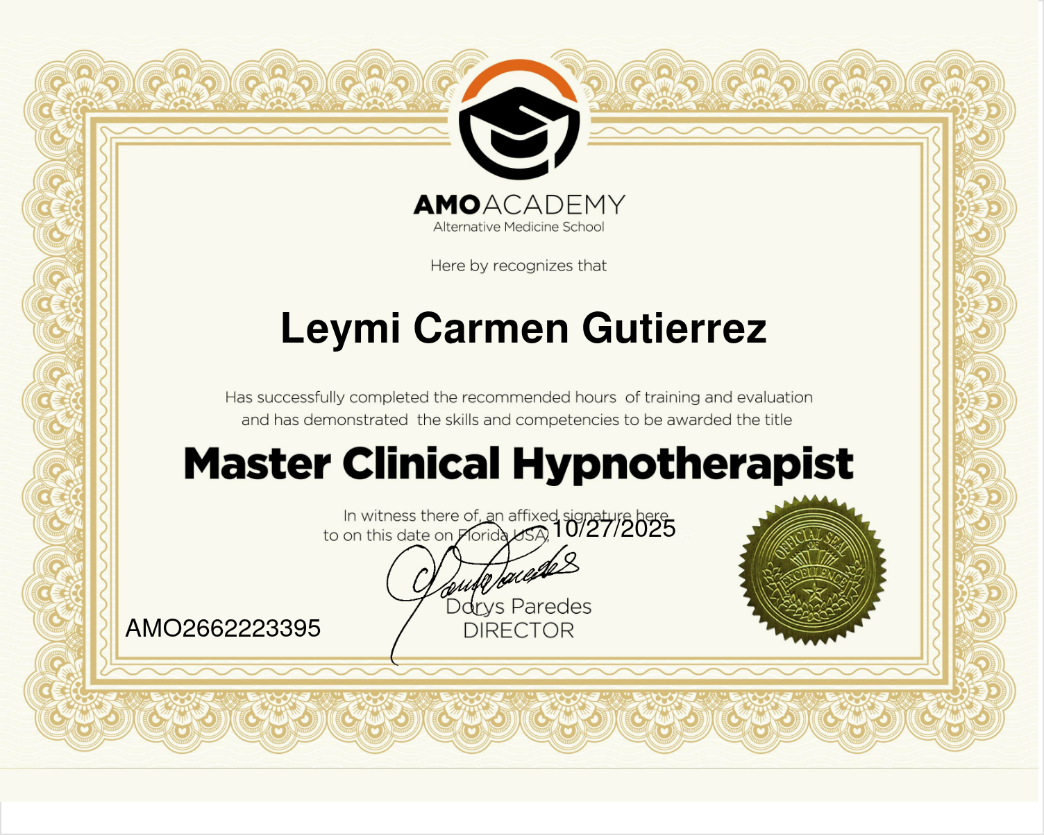 Certificación de Leymi Gutierrez como Master Clinical Hypnotherapist por AMO Academy, reconocimiento profesional en hipnosis clínica y bienestar integral.