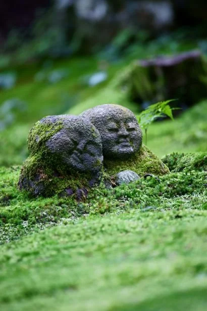 Two moss-covered stone sculptures of human heads in a lush green garden.