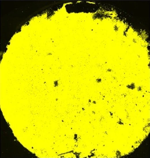 A large yellow circular shape with black edges and small black spots. smooth titanium