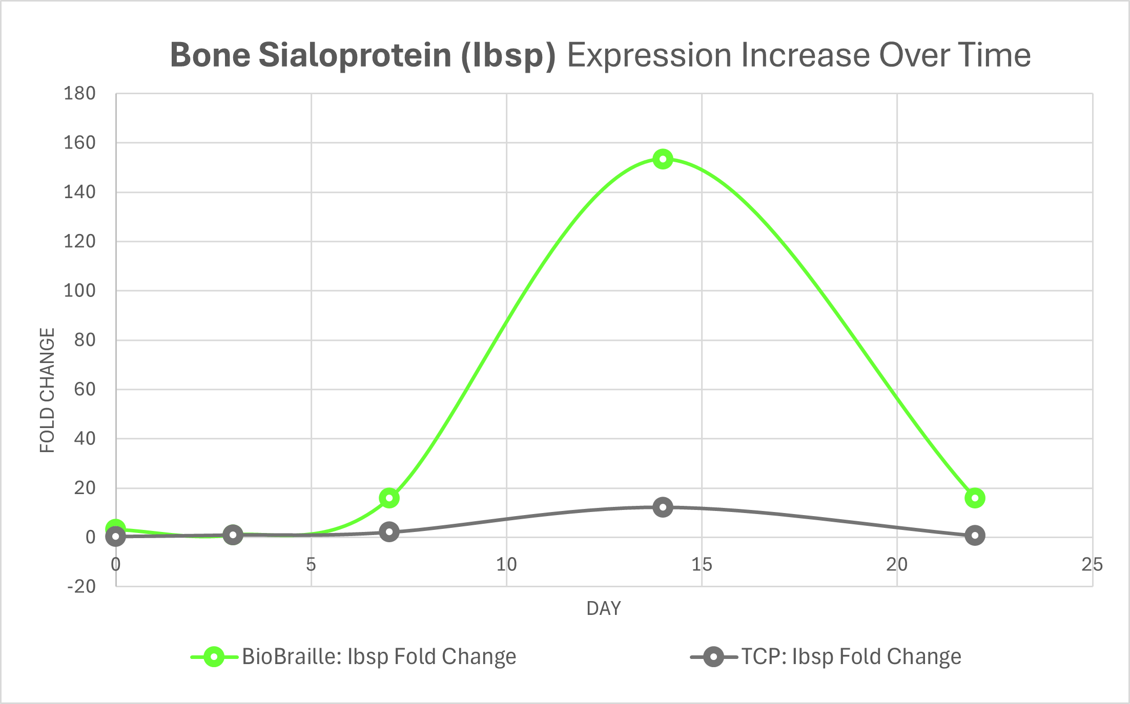 Line graph showing the increase in bone sialoprotein expression over time, with two lines representing BioBraille and TCP; BioBraille's line peaks sharply around day 15 while TCP's line remains relatively flat.