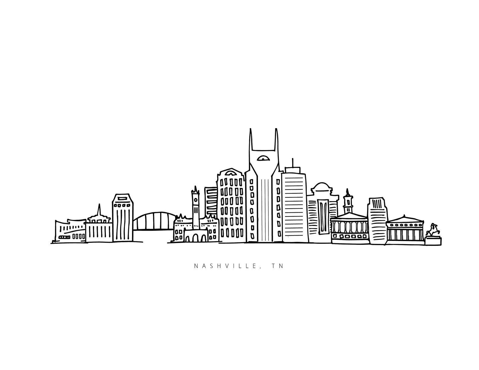 Minimalist black and white line drawing of the Nashville, Tennessee skyline, including notable buildings and the city name below.
