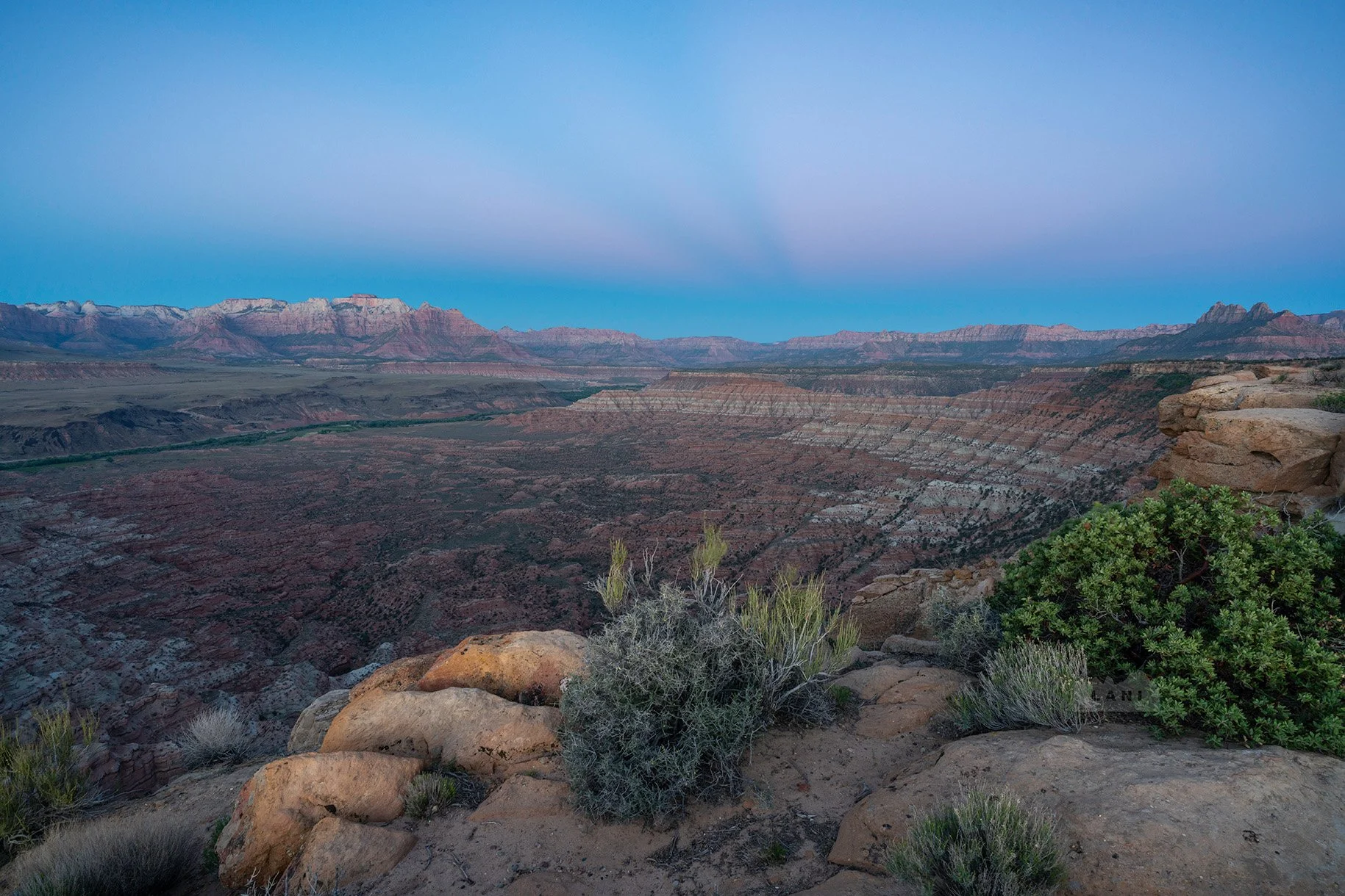 Overlooking Zion National Park from Gooseberry Mesa at sunset.