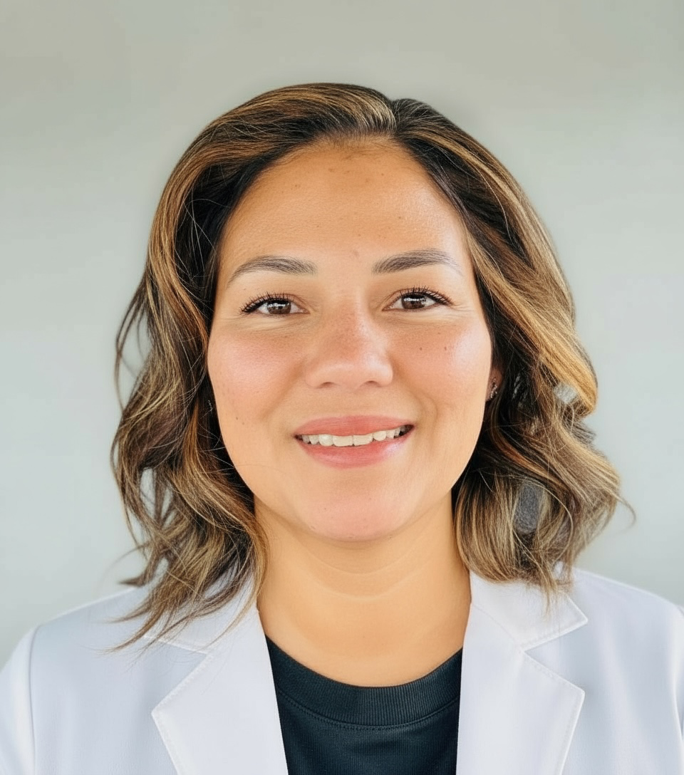 Headshot of a young woman with shoulder-length wavy brown hair, smiling, wearing a white blazer over a black top, against a neutral background.