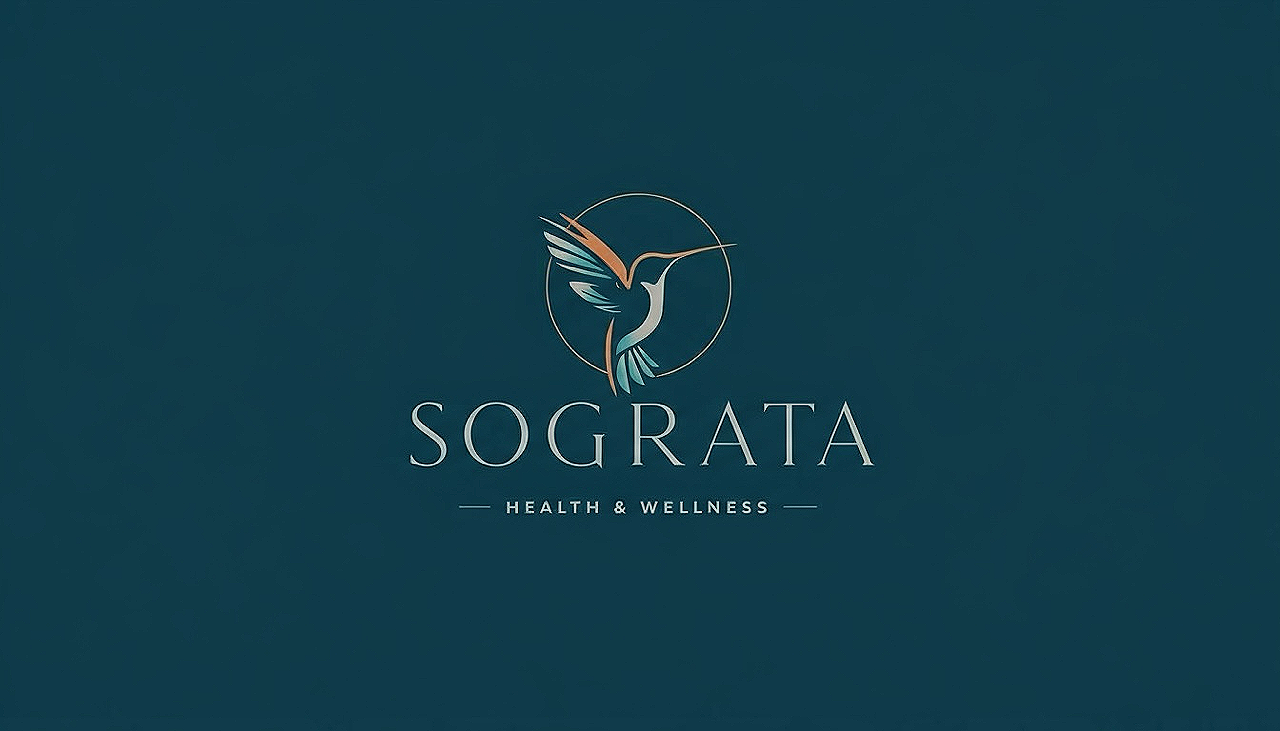 Logo of SOGRATA Health & Wellness featuring a stylized hummingbird inside a circle on a dark teal background.