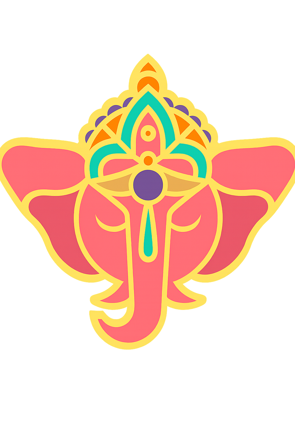 Colorful decorative illustration of Lord Ganesha with pink face, yellow outline, and intricate patterns in teal, purple, and orange.