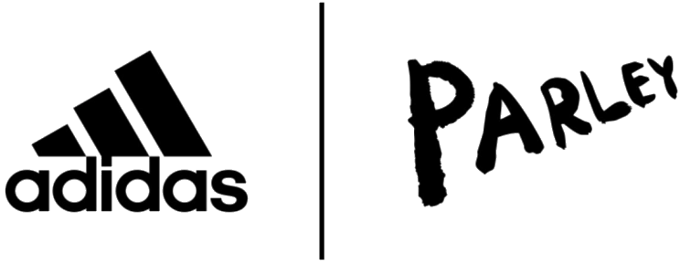Comparison image showing the Adidas logo on the left and the Parley logo on the right, separated by a vertical line.