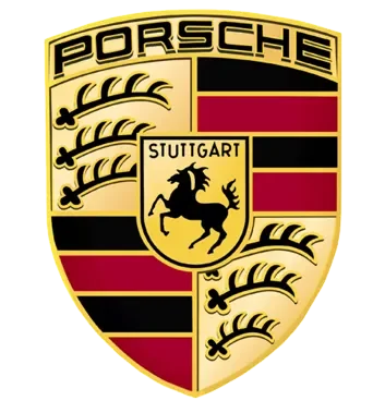 Porsche logo with a crest featuring a black horse, red and black stripes, and the word Stuttgart.