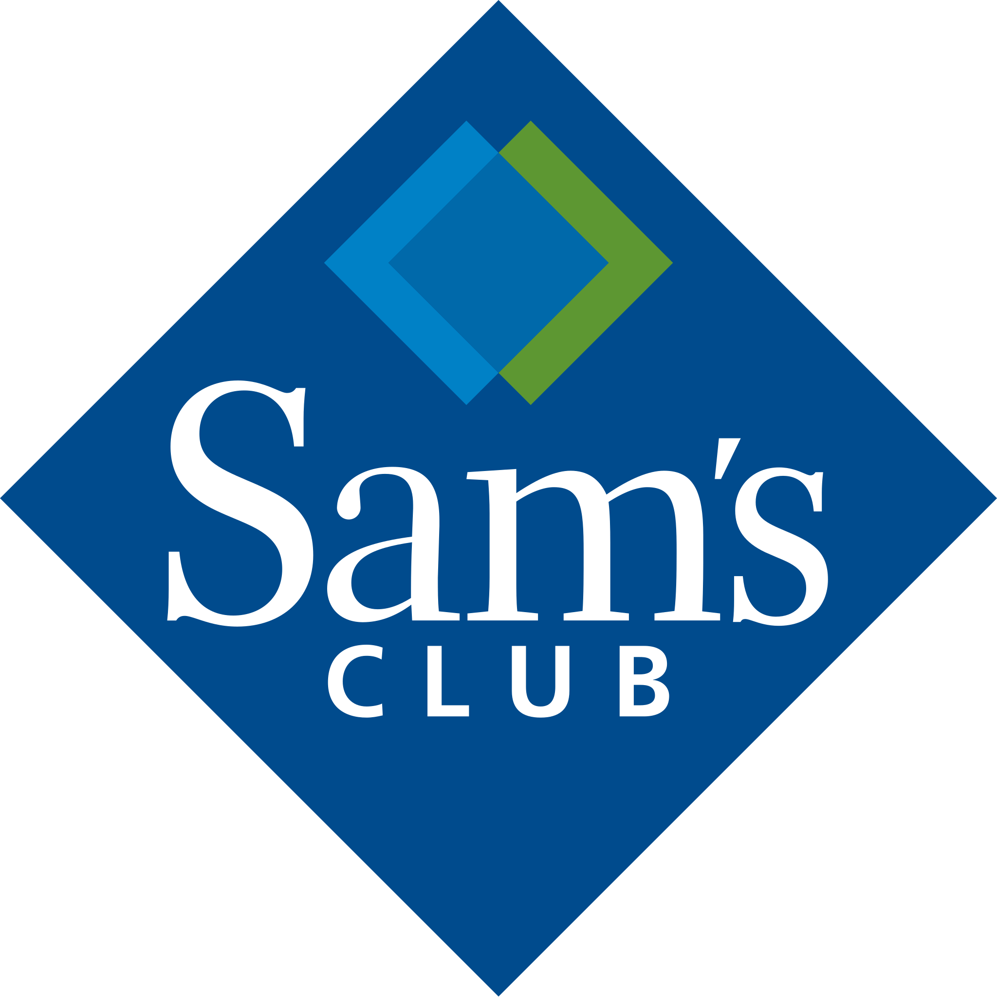 Logo of Sam's Club featuring a blue diamond shape with overlapping green and blue squares at the top and the words 'Sam's Club' in white text below.