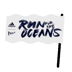 A white flag with the Adidas logo, the words "Run for the Oceans" in bold blue font, and a small signature-style text "Parley" on the left.