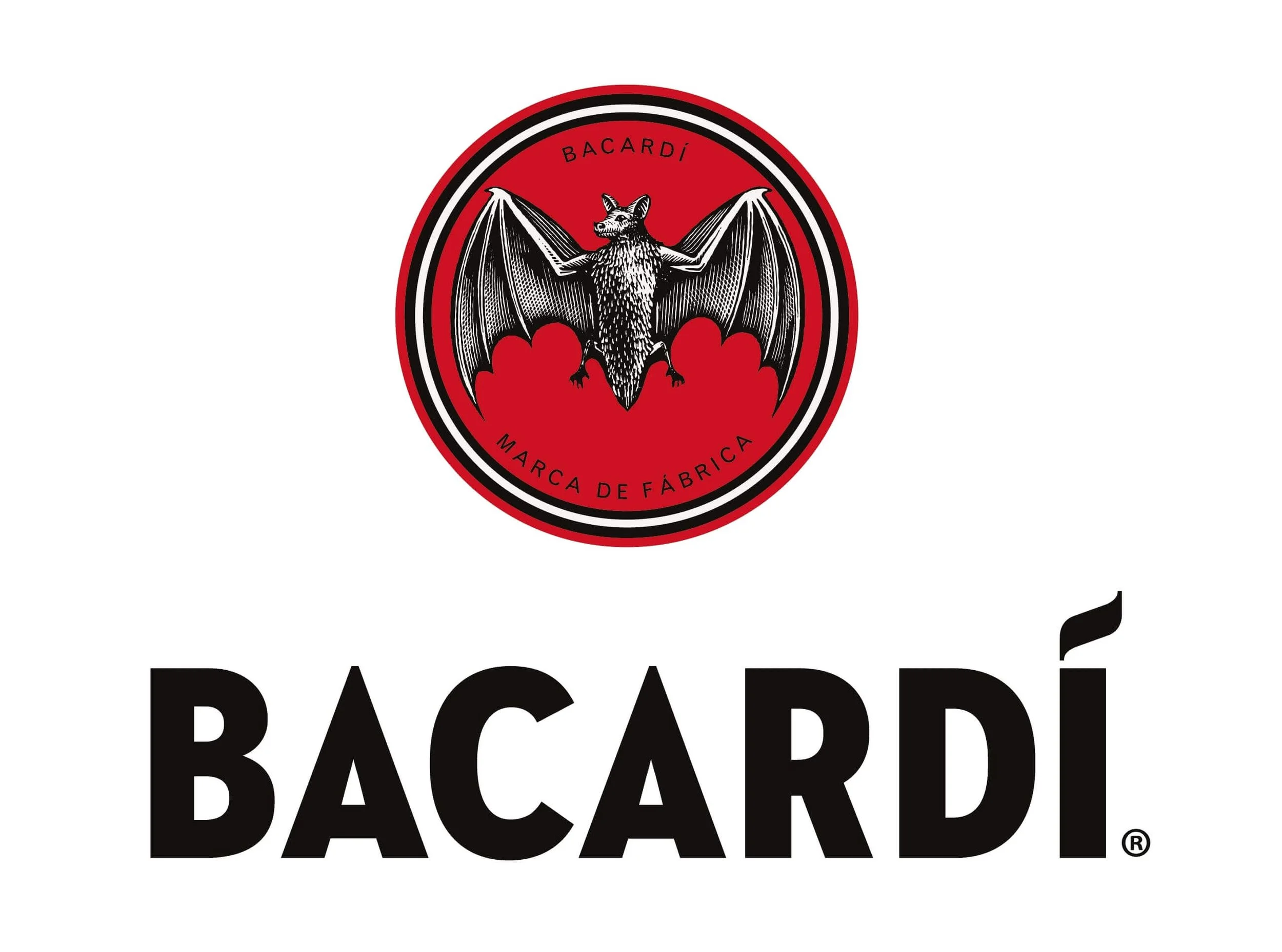 Bacardi logo featuring a black and white bat with outstretched wings on a red circular background, with the text 'Bacardi' at the top and 'Marca de Fábrica' at the bottom; below the logo, the word 'BACARDÍ' is written in bold black letters.