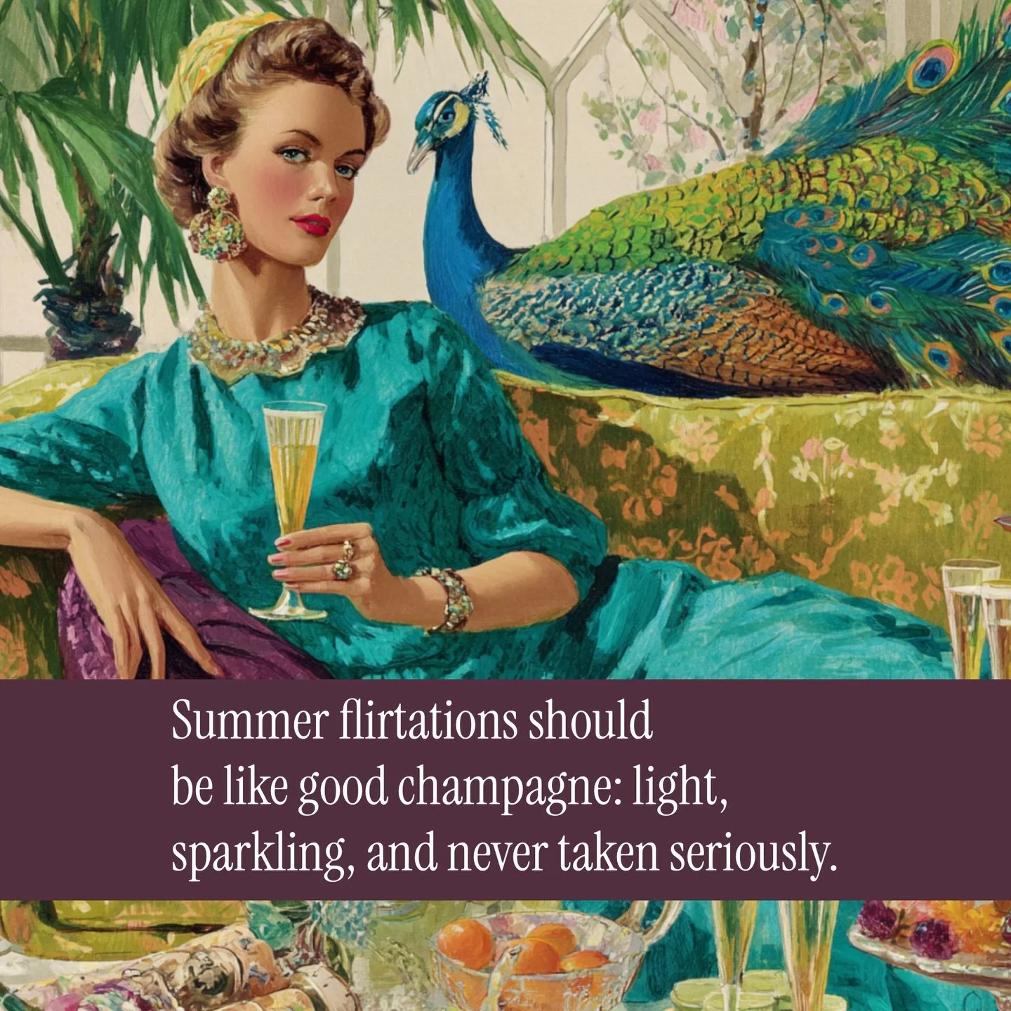 Summer flirtations should arrive like champagne: sparkling, slightly impractical, and gone before autumn has the chance to ruin them. 🥂🦚✨

For those who believe peacocks are a neutral, jewelry should be worn before noon, and every summer deserves a