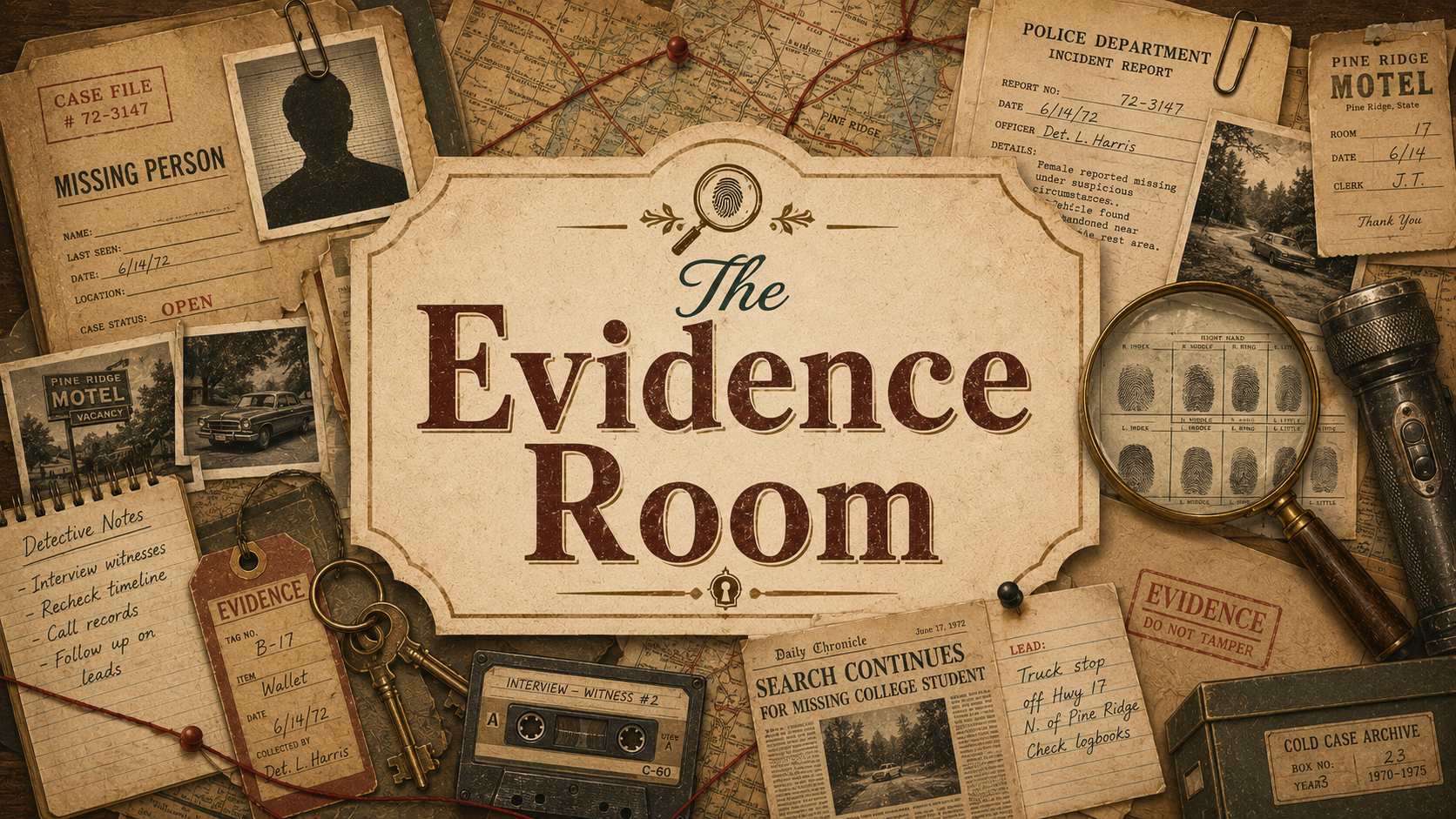 Step into The Evidence Room, a series of interactive cold case mystery books filled with missing files, evidence, clues, timelines, and investigator-style prompts.