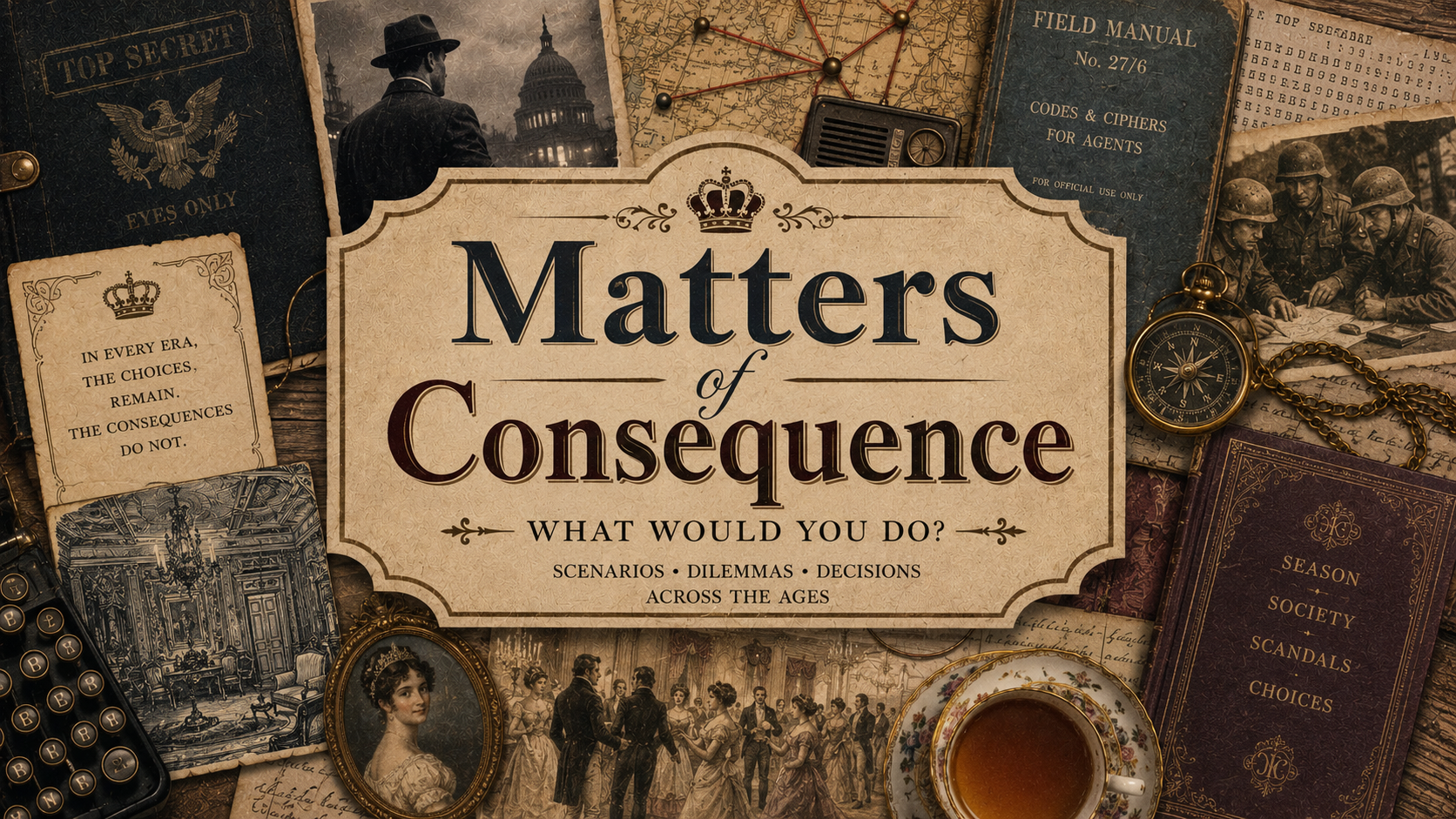 Explore Matters of Consequence, a series of historical scenario books where readers face choices, dilemmas, strategy questions, and “what would you do?” moments across fascinating eras.