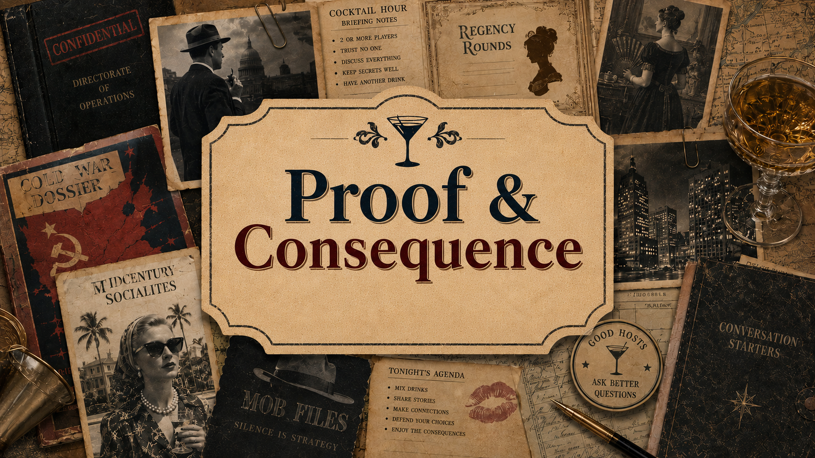 Discover Proof & Consequence, a smart party game collection from Hidden Signal Media featuring cocktail party games inspired by history, espionage, society, scandal, strategy, and glamorous misbehavior. Perfect for dinner parties, game nights, and cl