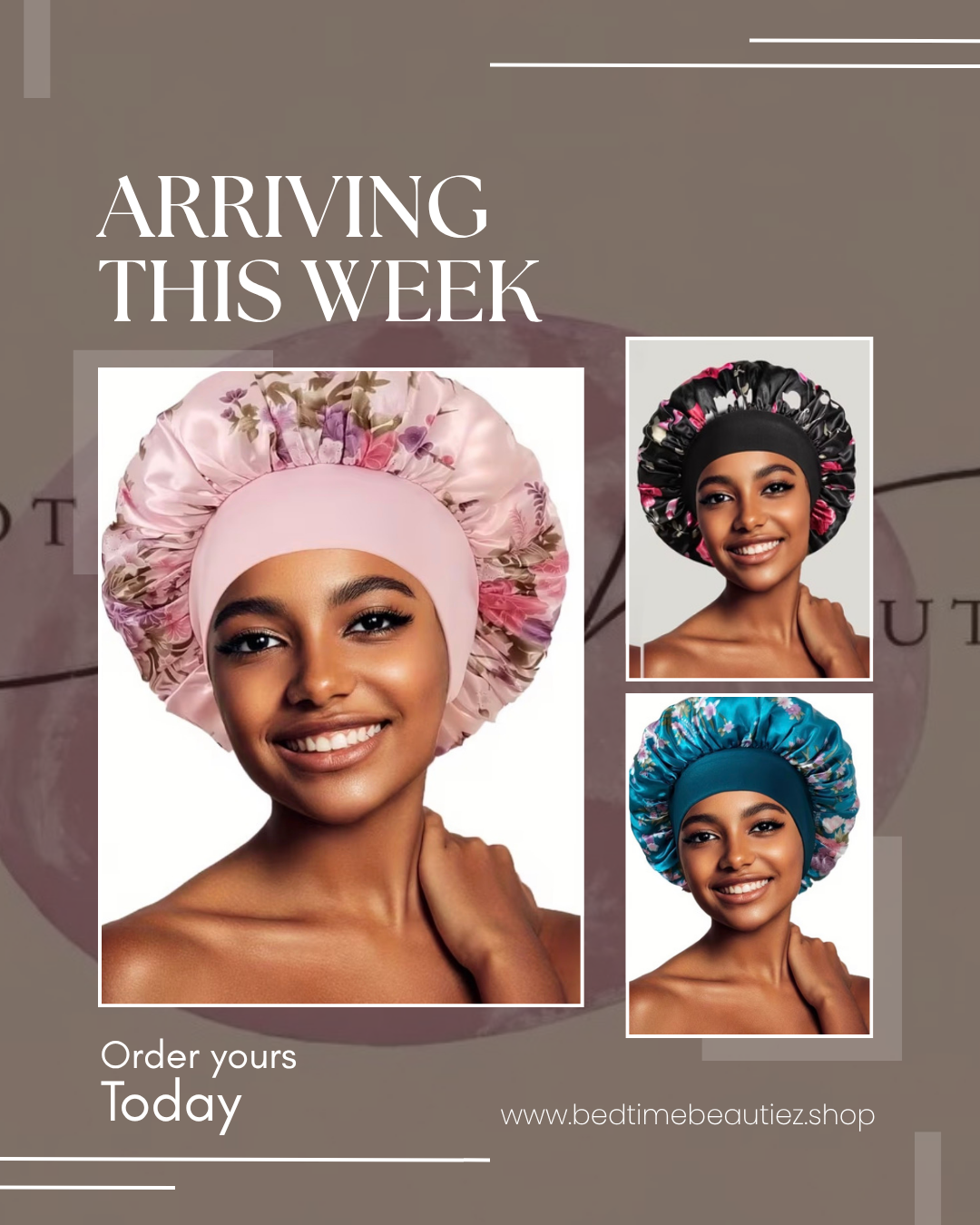 Promotional advertisement for satin bonnet caps in three colors: pink with floral pattern, black with pink and white floral pattern, and blue with floral pattern. The ad features a young woman smiling, wearing each of the different caps. Text indicat