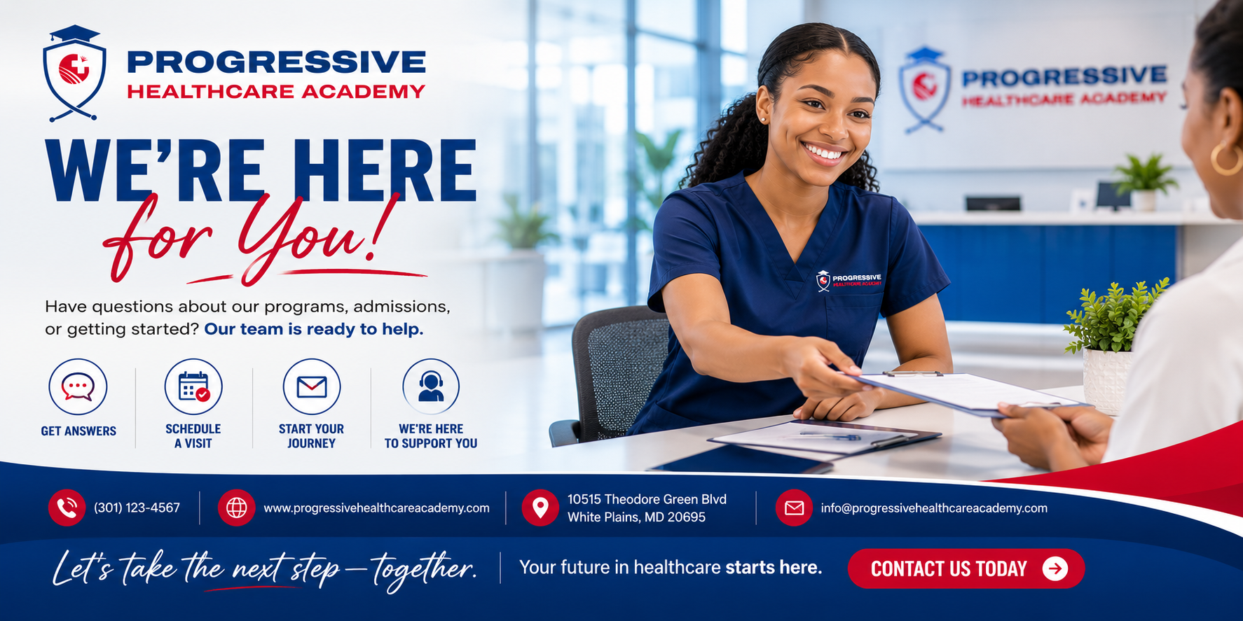 A smiling healthcare professional in navy scrubs handing a clipboard to a patient at Progressive Healthcare Academy reception. The background includes the company logo and a bright, modern office setting.