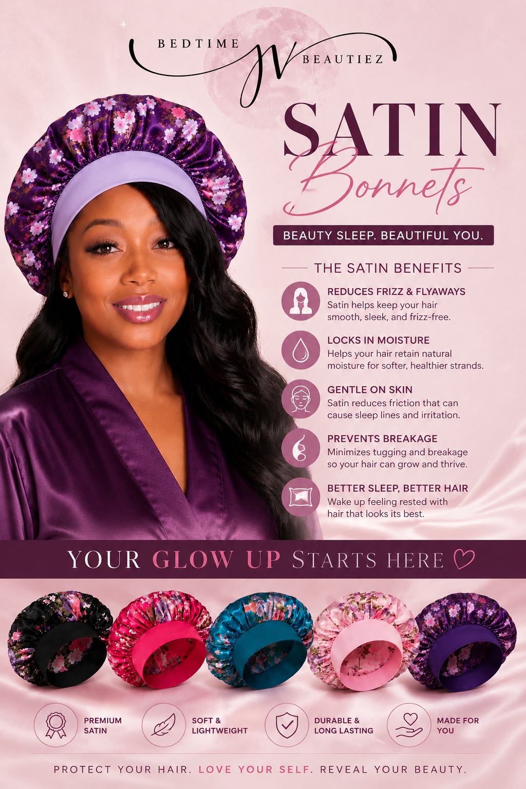 An advertisement for satin hair bonnets featuring a woman with long black hair wearing a purple satin bonnet with pink and white floral patterns. The ad highlights the benefits of satin bonnets, including reducing frizz, locking in moisture, being ge