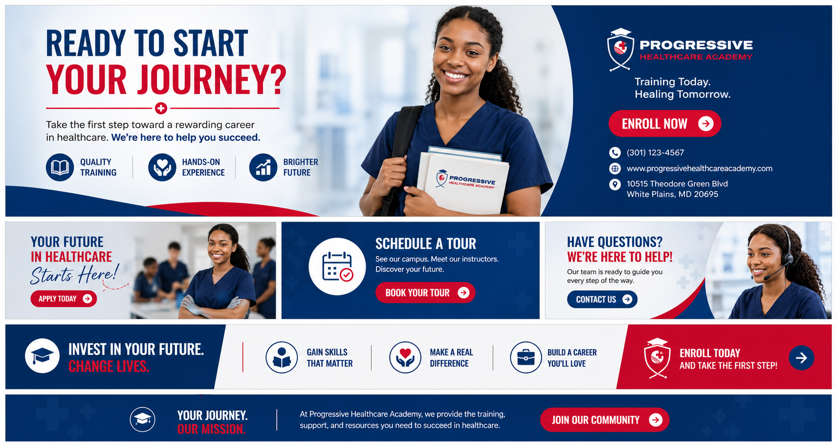 Promotional banner for Progressive Healthcare Academy featuring smiling female healthcare student in scrubs holding books, with options to enroll, schedule a tour, and contact support; blue, red, and white color scheme.