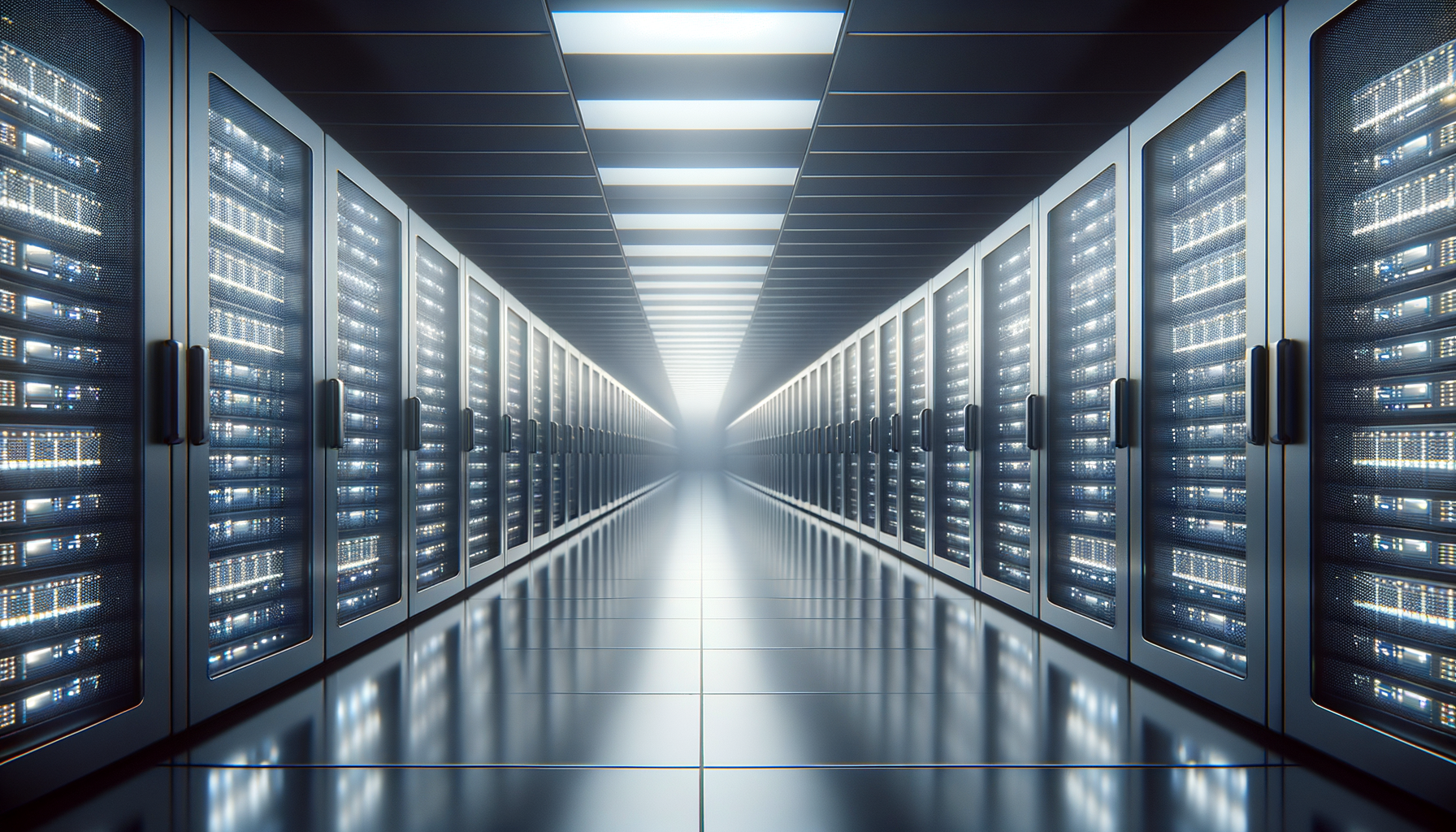 Long corridor of server racks in a data center with bright blue and white LED lights, reflecting on the smooth dark floor.