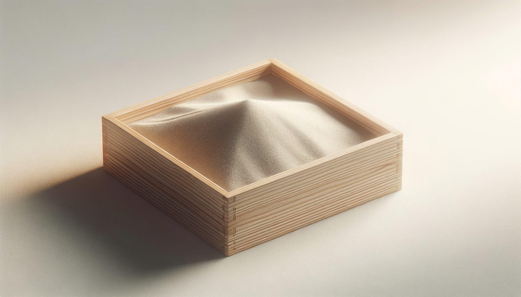 A wooden box filled with white sand, casting a shadow on a light-colored surface.