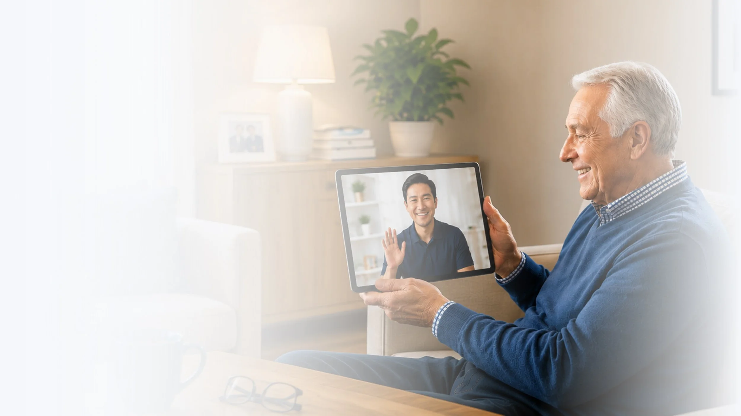 An elderly man with white hair smiling and participating in a video call on a tablet, with a young man waving and smiling on the screen.