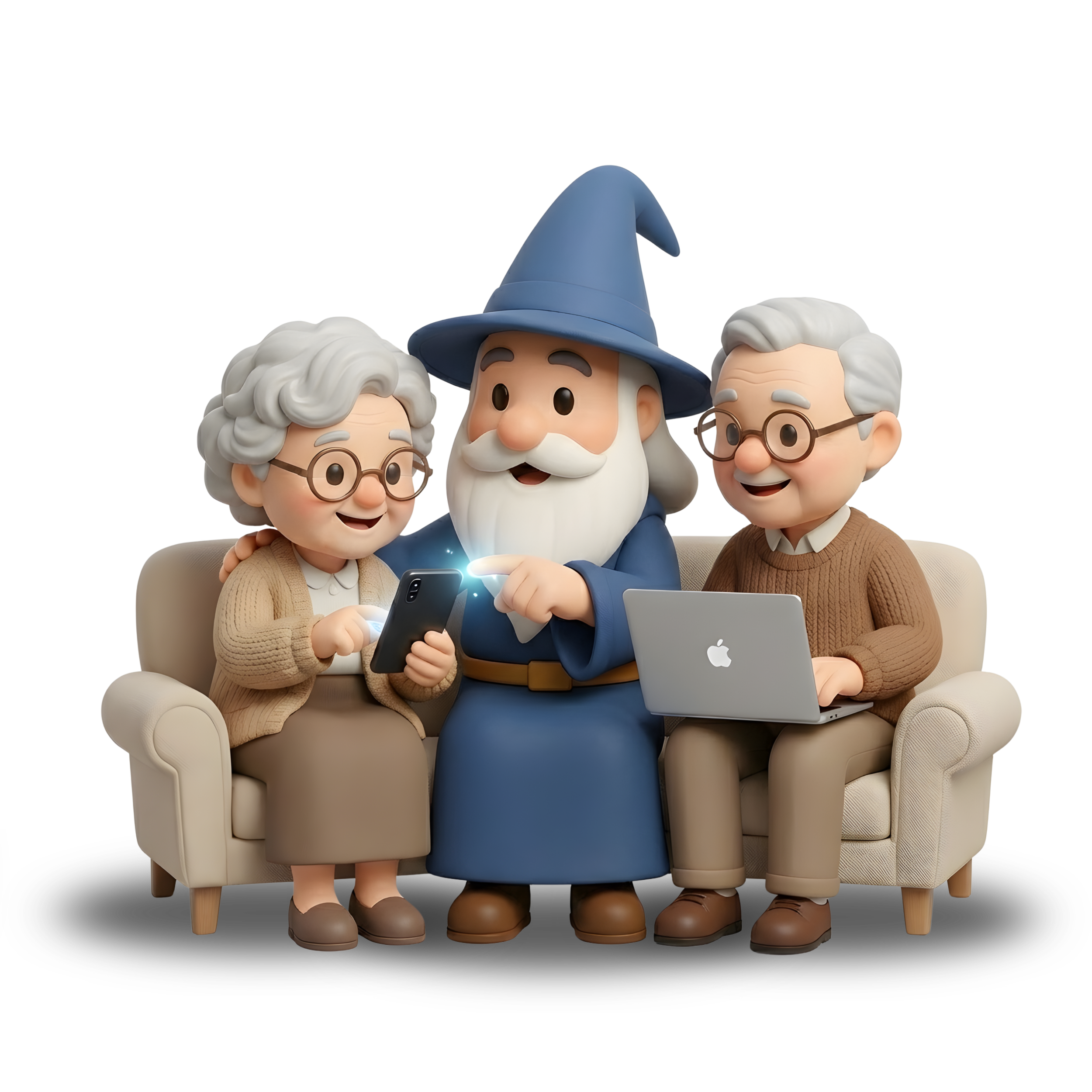 Animated elderly couple with glasses sitting on a beige sofa, smiling and using a laptop and smartphone, with a wizard in a blue robe and hat showing them something on a mobile device.