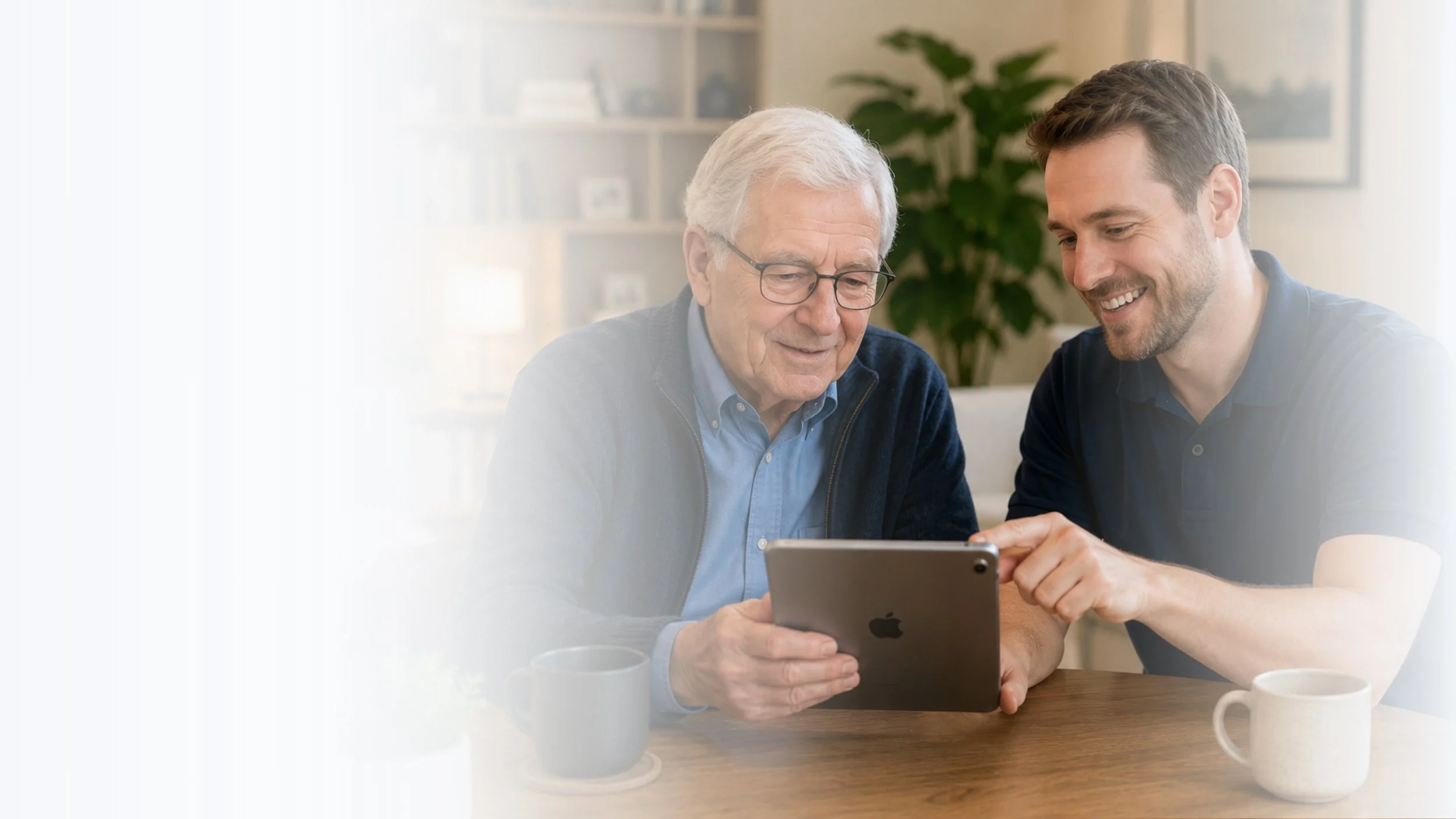 An older man and a younger man smiling and looking at a tablet together at a table in a cozy living room.