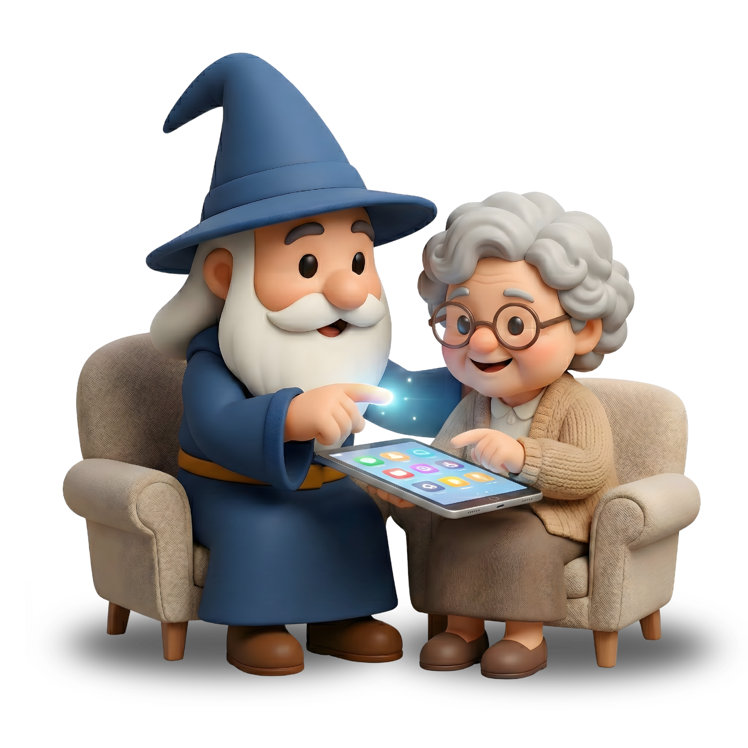 Animated wizard and elderly woman looking at a smartphone together, sitting on beige armchairs.