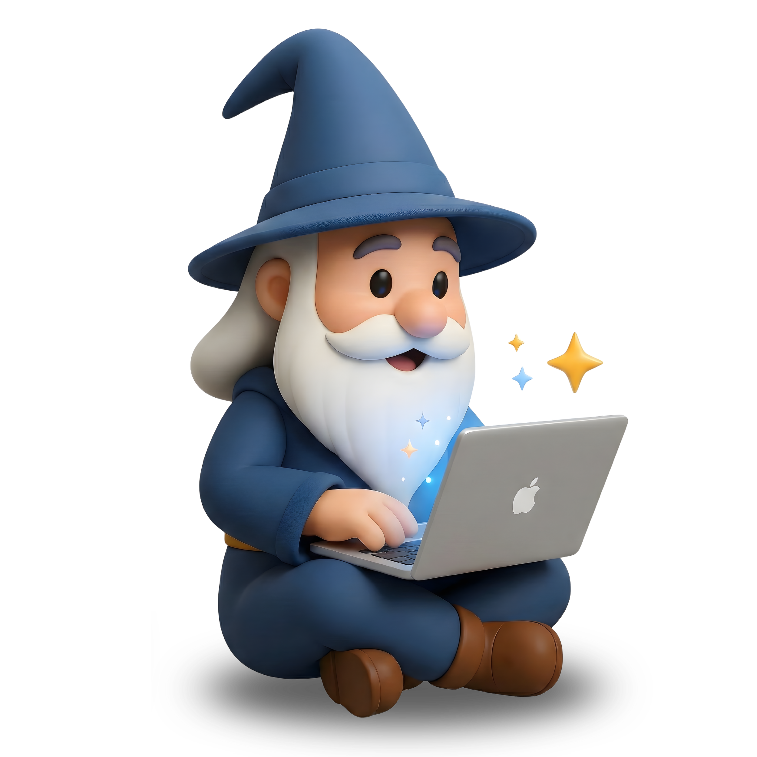 A cartoon wizard standing with crossed arms, wearing a blue hat with stars, a blue robe, and sitting on brown shoes while typing on a silver laptop.
