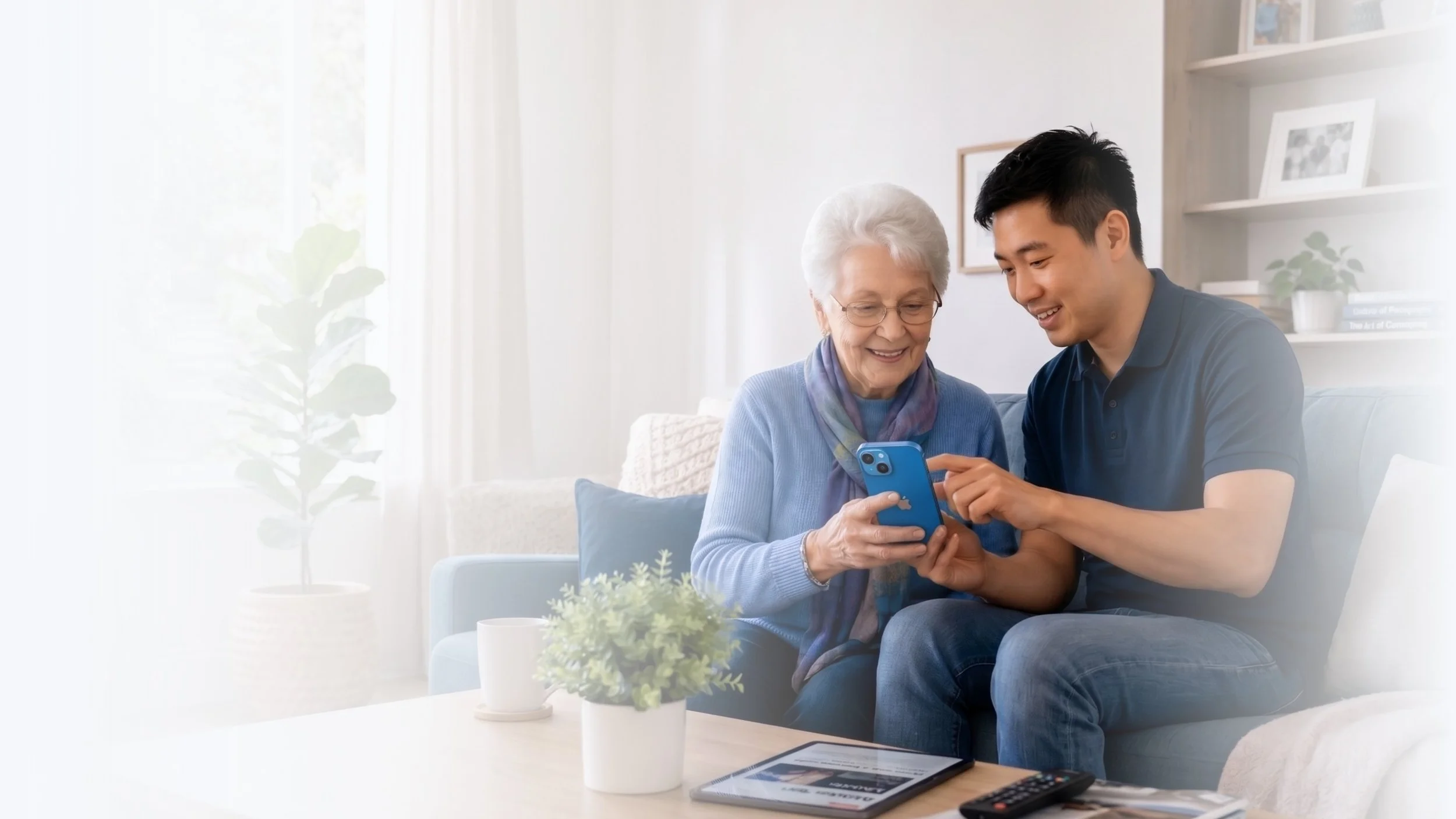 An elderly woman and a young man sit on a sofa, looking at a smartphone together and smiling.