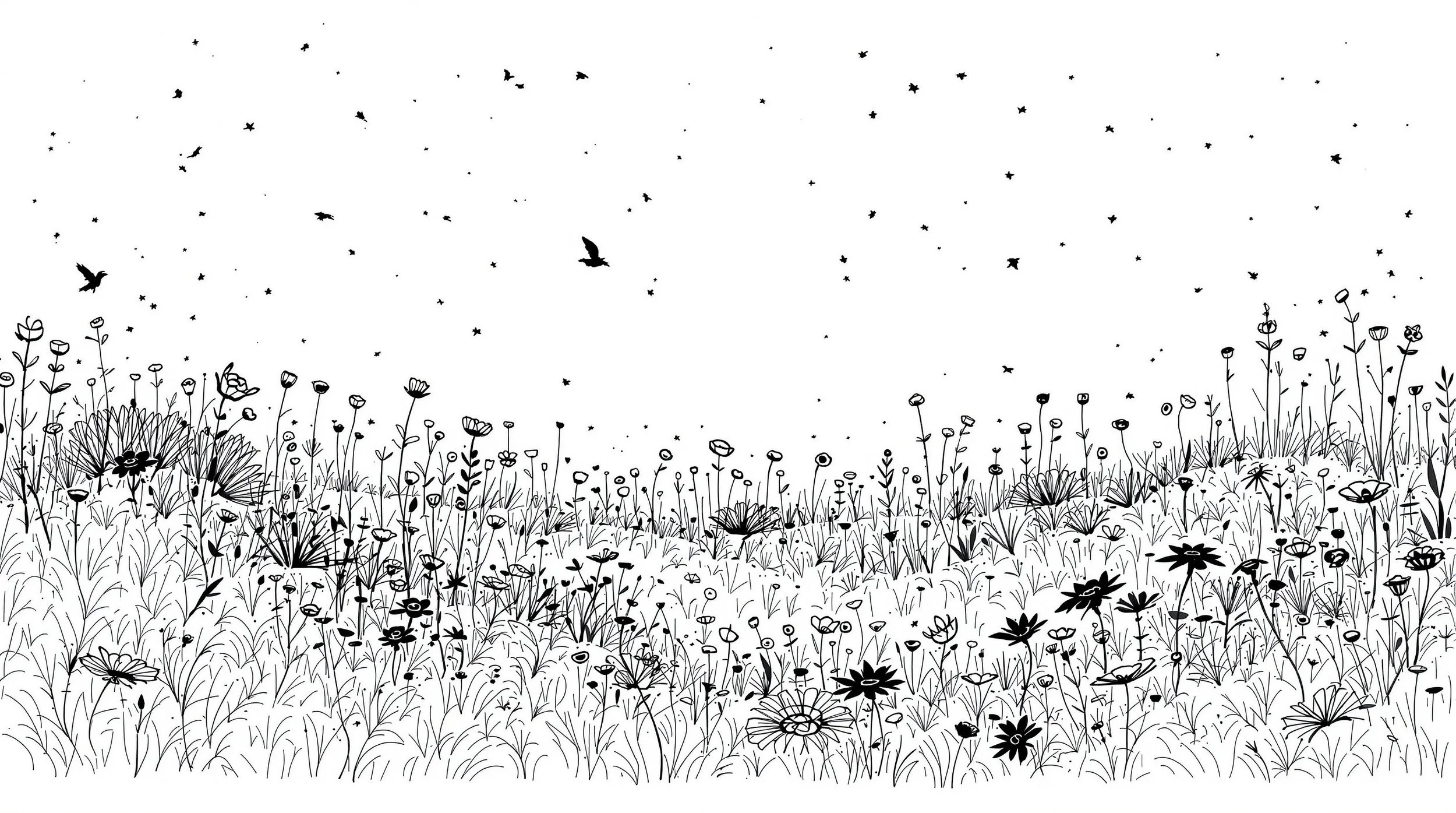 Black and white illustration of a wildflower meadow with grass, flowers, and plants in the foreground, birds flying in the sky above, and small stars scattered across the sky.