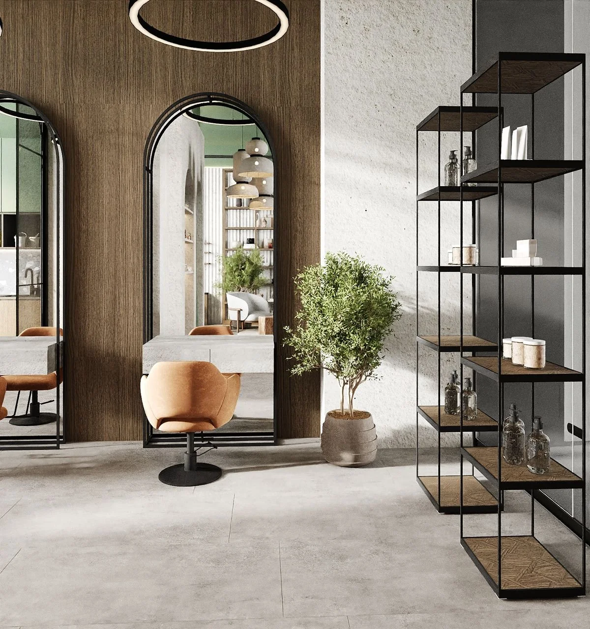 Modern interior with a beige swivel chair, a large potted plant, and a shelving unit with decorative bottles and books in a neutral color scheme.