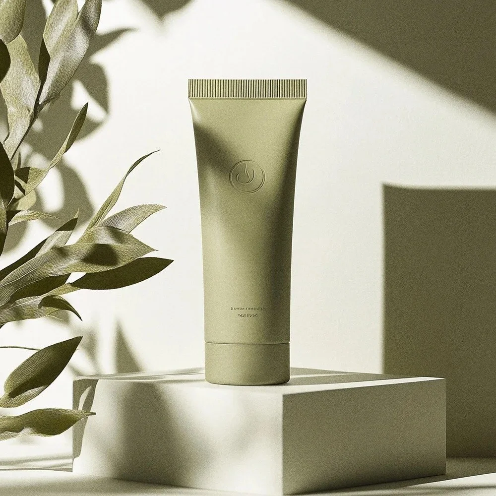 A beige skincare product tube is placed on a white pedestal, with soft shadow and natural lighting, accompanied by green leaves on the left side.