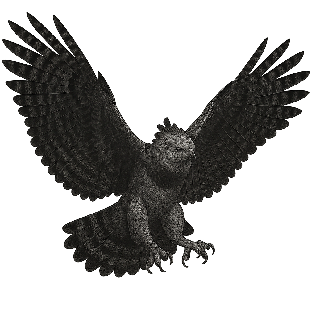 A dark harpy eagle with its wings open upwards, flying.