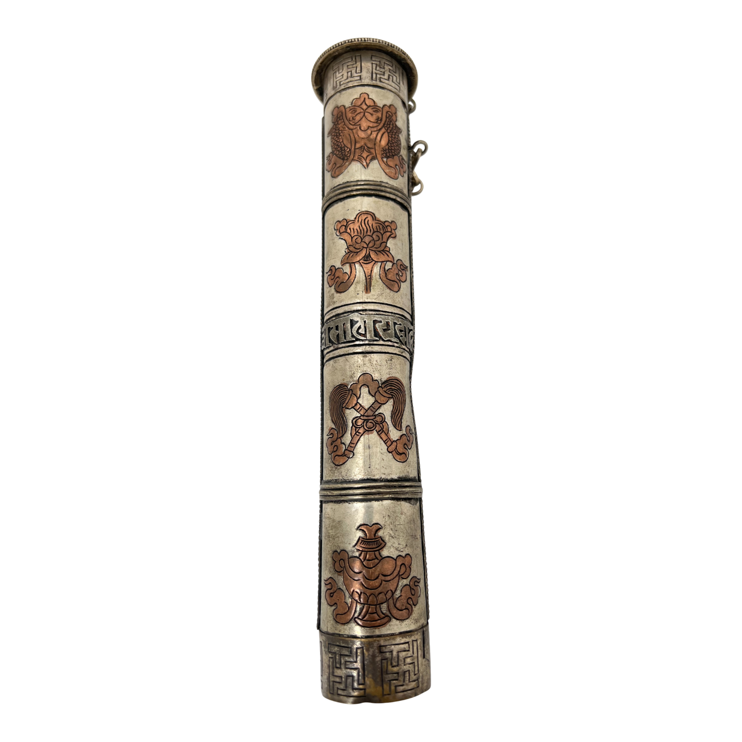 Tibetan Silver-Plated Incense Storage Tube - Copper Dharma Symbols