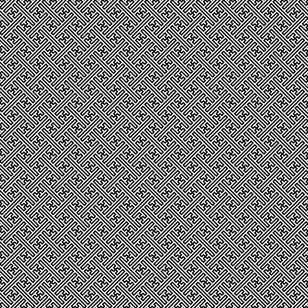 Intricate black and white geometric pattern with diagonal stripes and maze-like design.