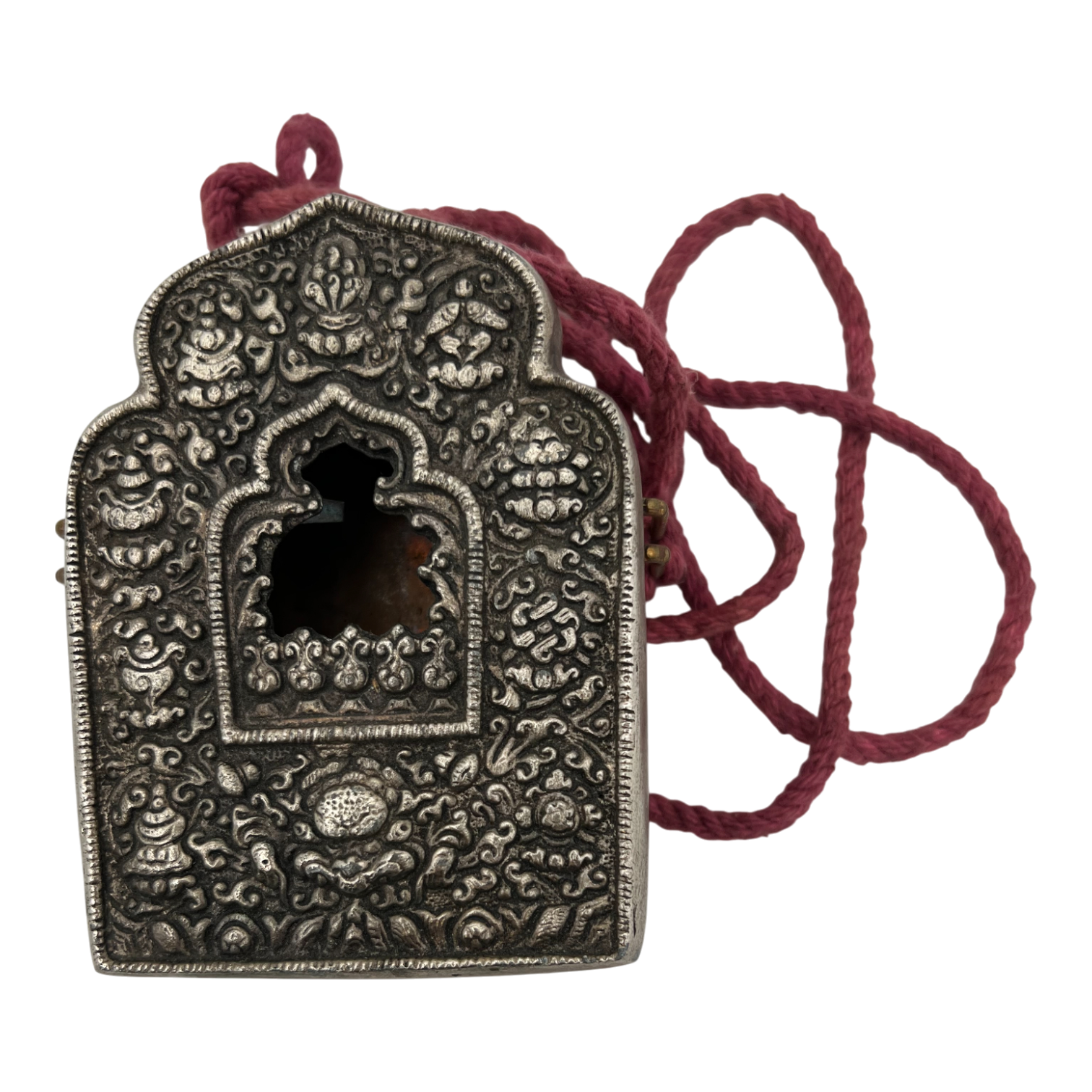 Ornate Tibetan Ga'u (Ghau) Amulet Box - Hand-Embossed Silver-Tone Metal