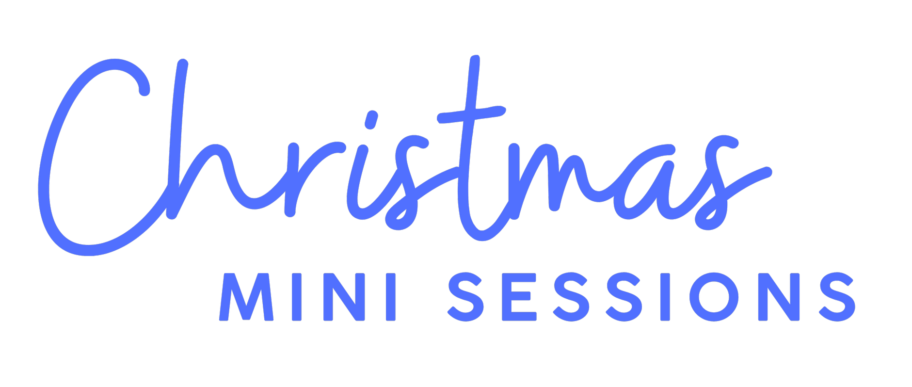 A digital graphic with the word 'Christmas' in large cursive blue font and 'Mini Sessions' in smaller uppercase blue font below it, set against a black background.