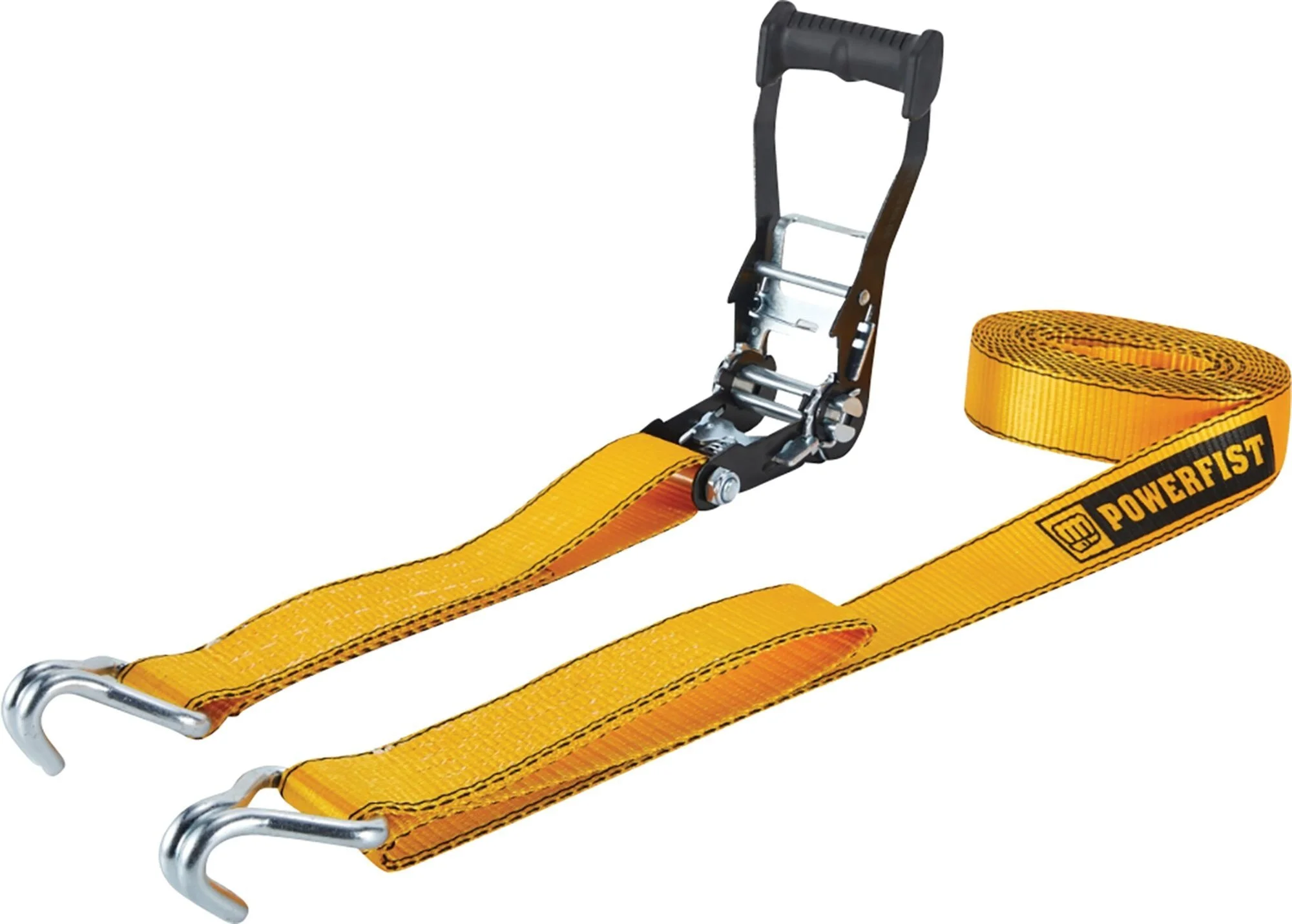 A yellow tow strap with metal hooks on each end and a ratchet buckle for tightening.