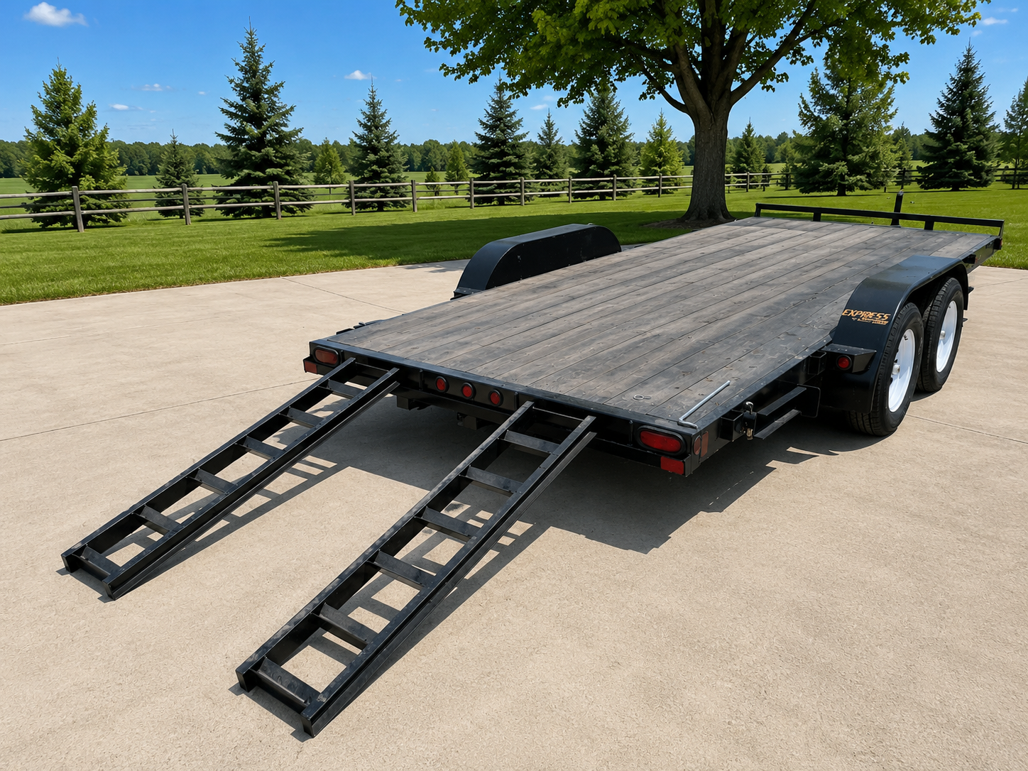 A flatbed trailer with ramps parked on a concrete driveway, with green grass, trees, and a wooden fence in the background under a partly cloudy sky.