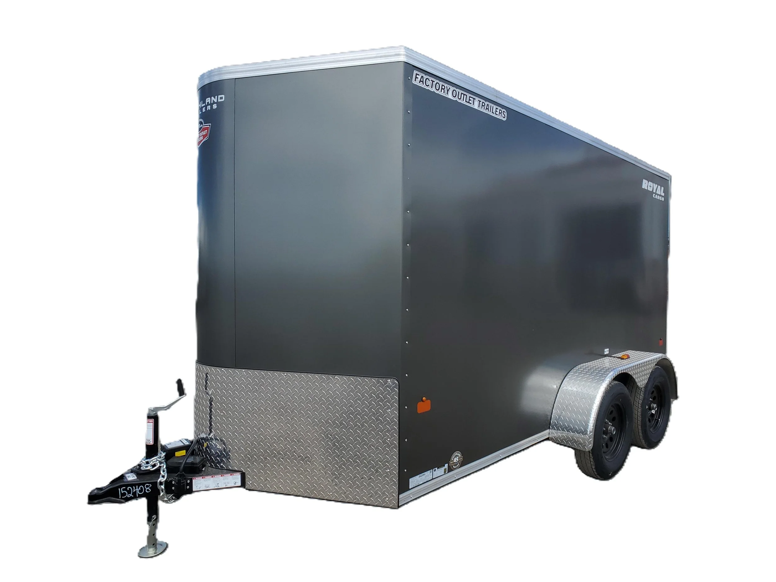 Grey enclosed cargo trailer with dual wheels, diamond plate on the front bottom, hitch at the front, and labels indicating factory outlet trailers and royal cargo.