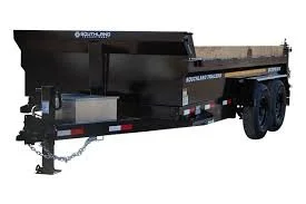 Black flatbed utility trailer with dual axles and hitch for towing.