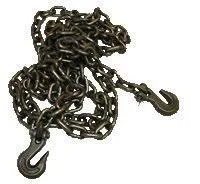 A tangled black metal chain with hooks attached on both ends.