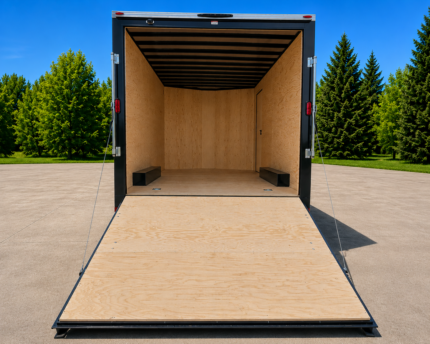Empty black enclosed cargo trailer with a fold-down ramp door, interior with plywood walls, and two black wheel chocks on the floor, parked on pavement with green trees and blue sky in the background.