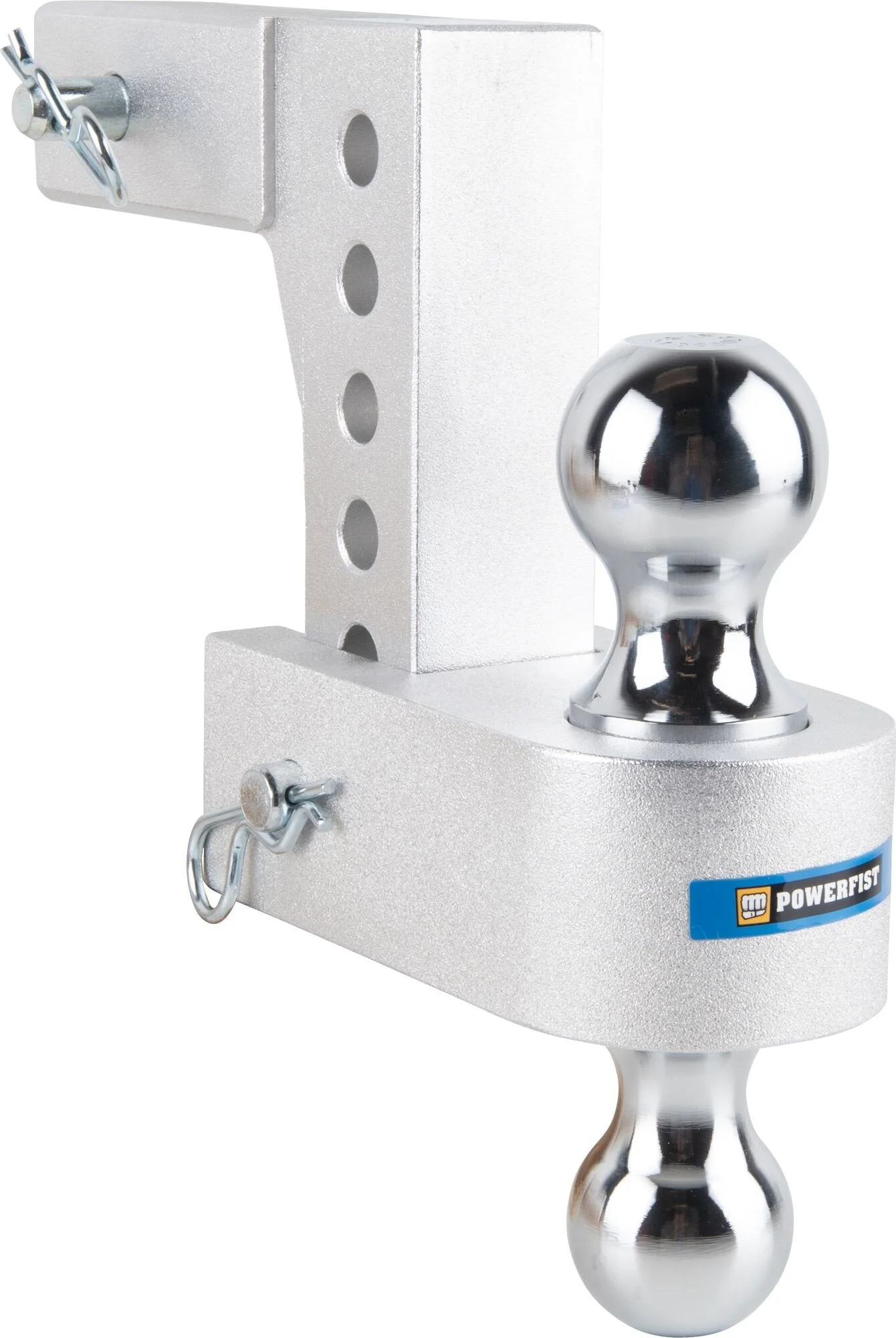 A metal ball hitch and a metal mounting bracket on a white surface, with a PowerFist logo visible.